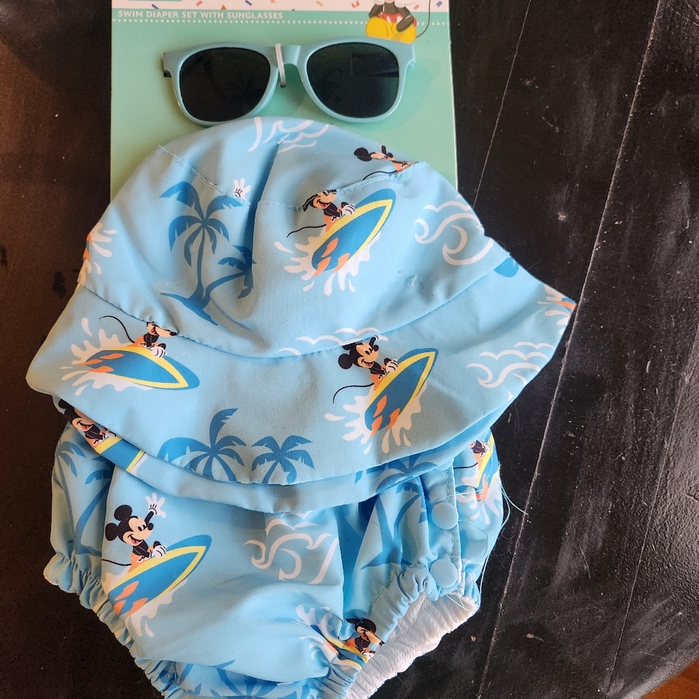 Blue Surfing Mickey Mouse Swim Diaper set with sunglasses
